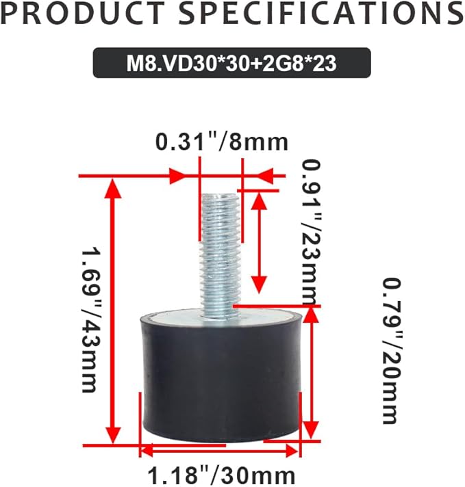 4 Pcs M8 30 x 20 mm Rubber Isolator Mounts Single Stud Shock Absorber with 4 Pcs Locknuts, Cylindrical Anti Vibration Isolation Damping Mounts for Compressors Pumps Generators Motor Engines