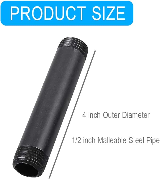 10 Pack 1/2 Inches x 4 Inches Black Malleable Steel Nipples Fitting, DIY Steampunk Industrial Vintage Style.