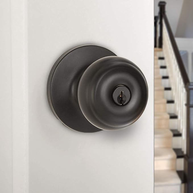 Amazon Basics Exterior Door Knob With Lock, Classic, Matte Black