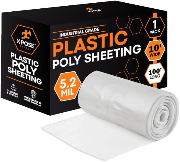 Xpose Safety Clear Plastic Sheeting – 10' x 100' Roll – Heavy Duty 5.2 Mil Poly Sheet – Waterproof, Dustproof, Vapor Barrier – for Construction, Painting, Industrial Use