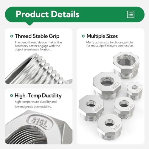 Taisher 2pcs 316L SS Reducer Hex Bushing,2" MNPT x 1-1/2" FNPT Pipe