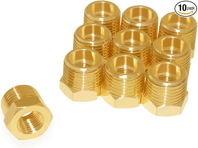 Hooshing 10Pcs Brass Reducer Hex Bushing 3/8" NPT Male x 1/4" NPT Female Threaded Pipe Fitting Hose Tube Adapter Convert