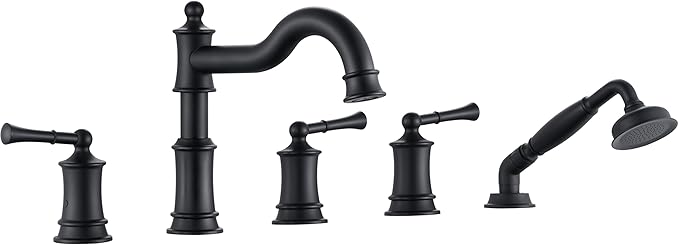 Roman Tub Faucet Set With Handheld Shower 5 Hole Deck Mount Tub Filler With Diverter, 3 Lever Handle Rough-in Valve and Water Supply Lines Included for Bathroom Tub, Matte Black
