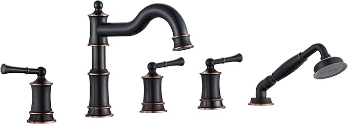 Roman Tub Faucet Set With Handheld Shower 5 Hole Deck Mount Tub Filler With Diverter, 3 Lever Handle Rough-in Valve and Water Supply Lines Included for Bathroom Tub, ORB