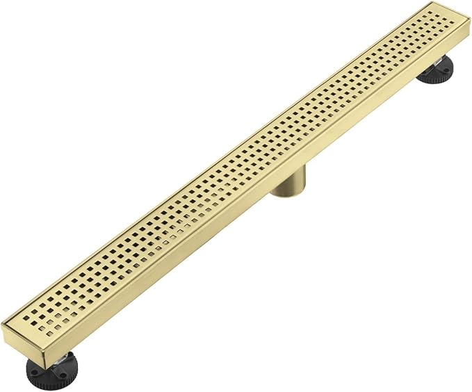 Linear Shower Floor Drain, Brushed Gold 40 Inch 304 Stainless Steel Bathroom Drains Kit, Long Rectangular Shower Trench Drain with Square Pattern Drain Cover & Hair Catcher