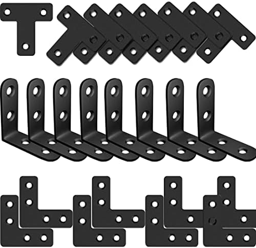 QSJ 24 Pack L Bracket Corner Brace Sets, 1.57x1.57 Inch Black Stainless Steel 90 Degree Right Angle Brackets Fastener L Braces with 88 Screws for Wood, Shelves, Furniture, Cabinet