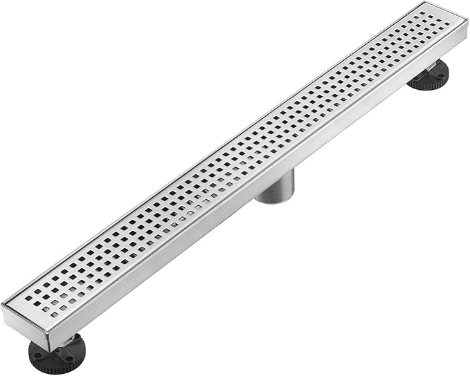 Linear Shower Floor Drain, Brushed Nickel 32 Inch 304 Stainless Steel Bathroom Drains Kit, Long Rectangular Shower Trench Drain with Square Pattern Drain Cover & Hair Catcher