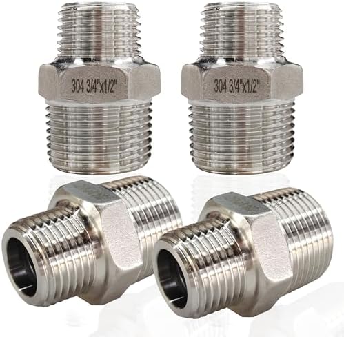 ZOUNI 4pcs Reducing Hex Nipple, 304 Stainless Steel 3/4" NPT Male x 1/2" NPT Male Pipe Fitting Reducer Nipple Adapter 2000psi Reducer Straight Connector (4pcs, 3/4"-1/2")