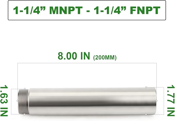 TAISHER 1PCS Stainless Steel Pipe Fittings, 1-1/4" NPT Male x 1-1/4" NPT Female Threaded, 8" Length Nipple Cast Pipe