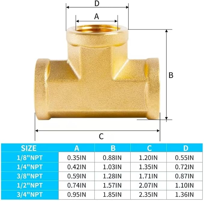 ChillWaves Brass Pipe Fitting, Tee 1/4" x 1/4" x 1/4" NPT Female Thread Adapter(3-PACK)