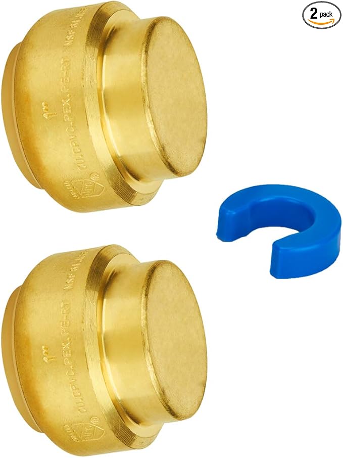 SUNGATOR 1-Inch Push Fit PEX End Cap, Push-to-Connect, No Lead Brass Plumbing Fittings for Copper, CPVC, Disconnect Clip Include (2-Pack)