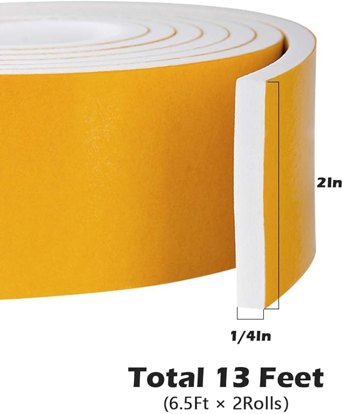 Foam Rubber Seal Tape Closed Cell Adhesive Foam Strips for Window AC Units Soundproof Weather Stripping, 2" Wide X 1/4" Thick, 6.5 Ft X 2 Rolls, Total 13 Feet