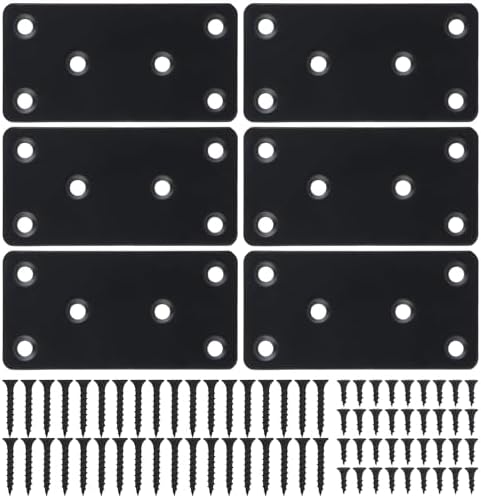 Mending Plate, Metal Steel Flat Straight Brace Bracket, Black Double-Wide Joining Plate for Wood Furniture Fastening & Fixing with 2 Sets of Screws of Different Lengths(40x80mm, 6 Pack)