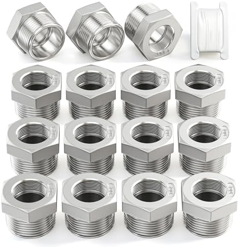 TAISHER 15PCS 304 Stainless Steel Reducer Hex Bushing, 3/8" NPT Male x 1/4" NPT Female, Reducing Pipe Adapter Fitting
