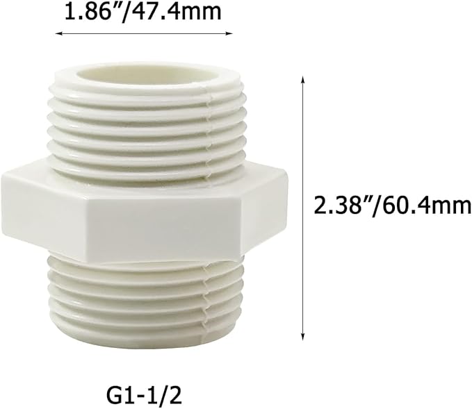 2 PCS 1-1/2 Inch PVC Fittings Hex Nipple G1-1/2 Male to Male Thread Connector Coupling Adapter
