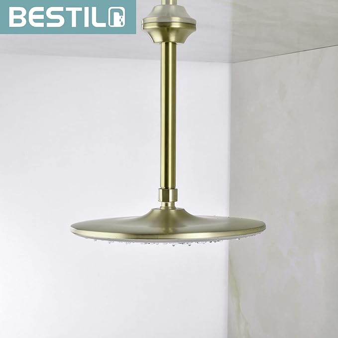 BESTILL 8 Inch Ceiling Mount Rain Shower Head Arm and Flange, Brushed Gold