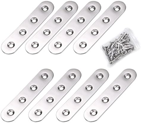 Sumnacon 8Pcs Stainless Steel Flat Plates - 4 Inch Heavy Duty Mending Plate Straight Corner Brace Brackets Connector Furniture Repair Fixing Joint with Screws, Silver