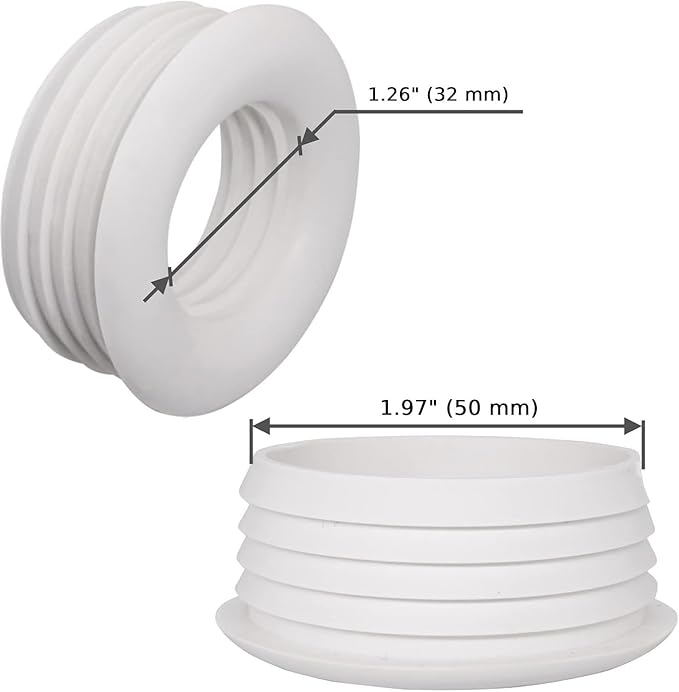 (Pack of 2) White Rubber Sleeve for Drain Pipe, 1.57" x 1.26" (50 x 32 mm) Pipe Connector, Adaptor, and Reducer