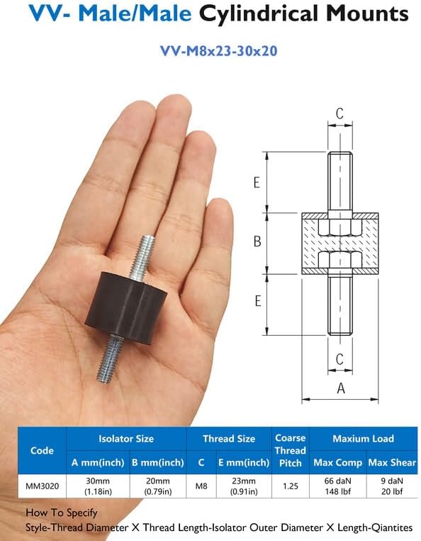 M8 Rubber Vibration Isolator Mounts Double Stud Shock Absorber Isolation Mounts Anti Vibration Silent-Blocks for Car Boat Bobbins Motors Compressors Pumps, 4pcs M8x23-30x20mm, 8pcs LockNuts