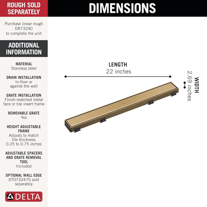 Delta Faucet 24-Inch Reversible Linear Shower Drain Trim in Champagne Bronze