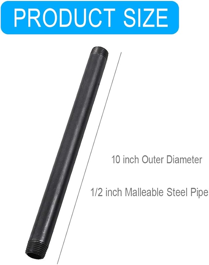 10 Pack 1/2 Inches x 10 Inches Black Malleable Steel Nipples Fitting, DIY Steampunk Industrial Vintage Style.