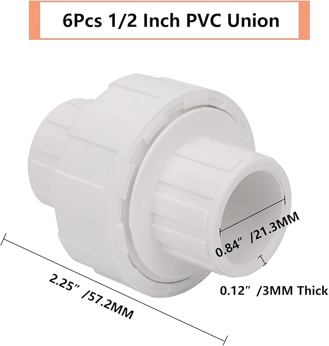 6Pcs 1/2" PVC Union Coupling Pipe Fitting (Socket x Socket) 1/2Inch PVC Slip Union PVC Adapter Coupling Schedule 40, EPDM O-Ring, White