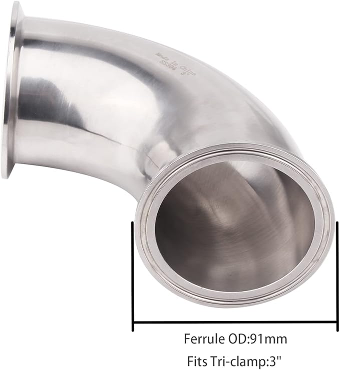 DERNORD Sanitary Ferrule Elbow 90 Degree Pipe Fitting with 2 Piece Silicone Gasket SS304 Tri Clamp (3" Tube OD)