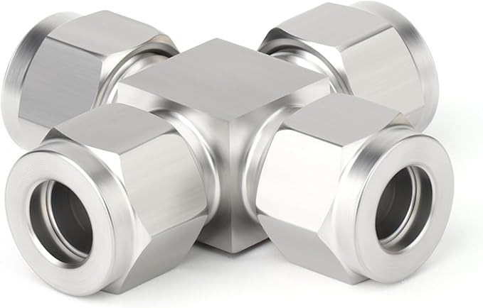 TAISHER 1PCS 304 Stainless Steel 4 Way Compression Tube Pipe Fitting Connector, 1/4" x 1/4" x 1/4" x 1/4" Tube OD Adapter