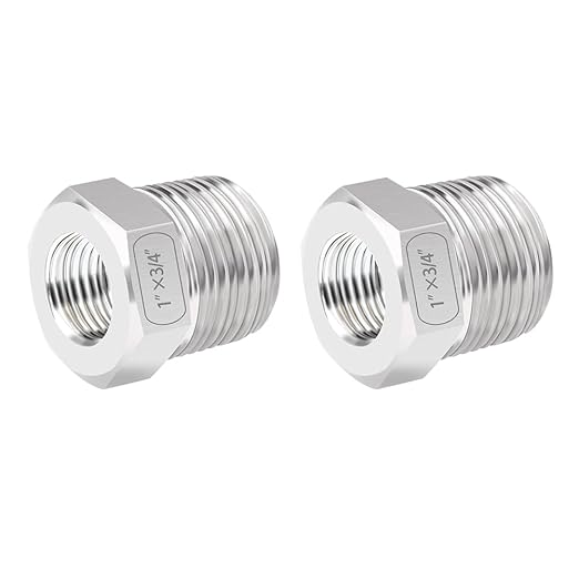 Quickun Stainless Steel Reducer Hex Bushing, 1" Male NPT to 3/4" Female NPT, Reducing Bushing Pipe Hose Fitting (Pack of 2)