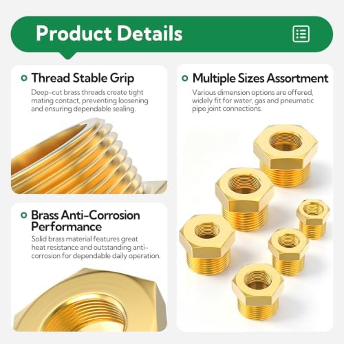 TAISHER 2PCS Brass Reducer Hex Bushing Threaded Pipe Fitting 3/8" NPT Male x 1/8" NPT Female Adapter