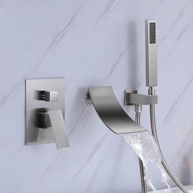 Wall Mount Bathtub Faucet with Handheld Shower, Brushed Nickel Single Handle Bathroom Waterfall Tub Filler Solid Brass Tub Shower Faucet Set Rough-in Valve Trim Kit