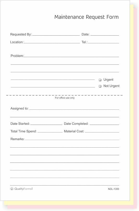 NextDayLabels - Maintenance Request Forms, 3 Part NCR Carbonless, 5-1/2" x 8-1/2" - 100 Sets - Made in The USA