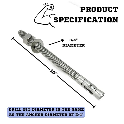 Wedge Anchors – Heavy-Duty 304 Stainless Steel Expansion Bolts for Concrete & Masonry, Rust-Resistant & Durable - 3/4" X 10" - 5 Pack