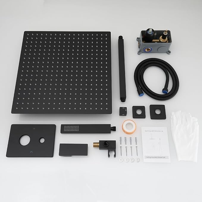 16 Inch Ceiling Mount Matte Black Shower System Bathroom Luxury Rain Mixer Shower Combo Set Ceiling Rainfall Shower Head System (Contain Shower Faucet Rough-in Valve Body and Trim Kit)