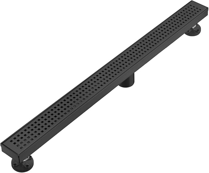 Linear Shower Floor Drain, Matte Black 42 Inch 304 Stainless Steel Bathroom Drains Kit, Long Rectangular Shower Trench Drain with Square Pattern Drain Cover & Hair Catcher