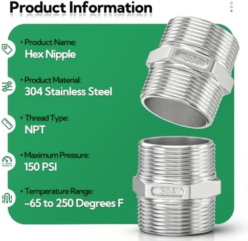 TAISHER 5PCS Cast 304 Stainless Steel Hex Nipple, Pipe Fitting 1-1/4" NPT Male x 1-1/4" NPT Male