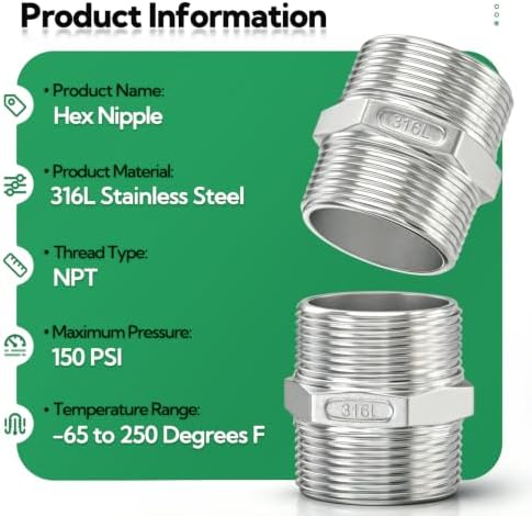 TAISHER 1PCS 316L Hex Nipple, Pipe Fitting 2" Male NPT