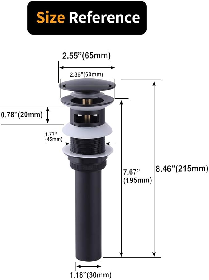 Bathroom Sink Drain with Overflow Vessel Sink Stopper Pop Up Drain Assembly Matt Black D500031B