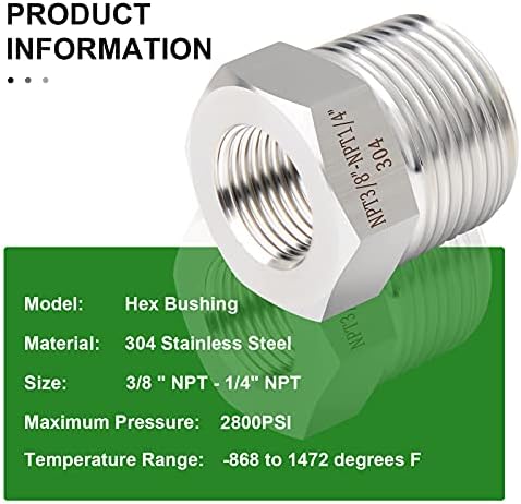 TAISHER 5PCS Forging of 304 Stainless Steel Reducer Hex Bushing, 3/8" Male NPT to 1/4" Female NPT, Reducing Forging Pipe Adapter Fitting