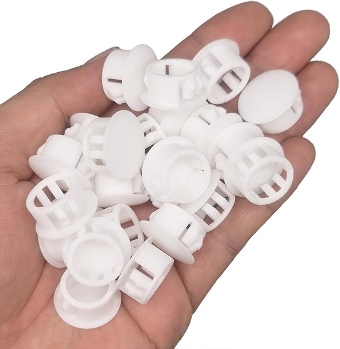 Hole Plugs 5/8" Plastic Flush Type Hole Plugs for Hole Snap in Locking Hole Tube Screw Caps Drilling Cover Plugs Fastener Covers for Kitchen Cabinet Furniture Black 50 Pack - White