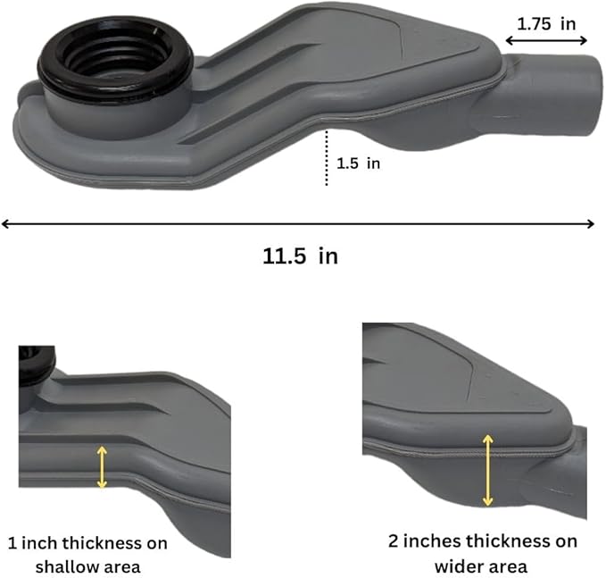 SereneDrains WOW Drain TM Horizontal Side Discharge Outlet Low Profile Shower Drain Assembly Reducer PVC Base Pipe Fitting P Trap (Without Drain)