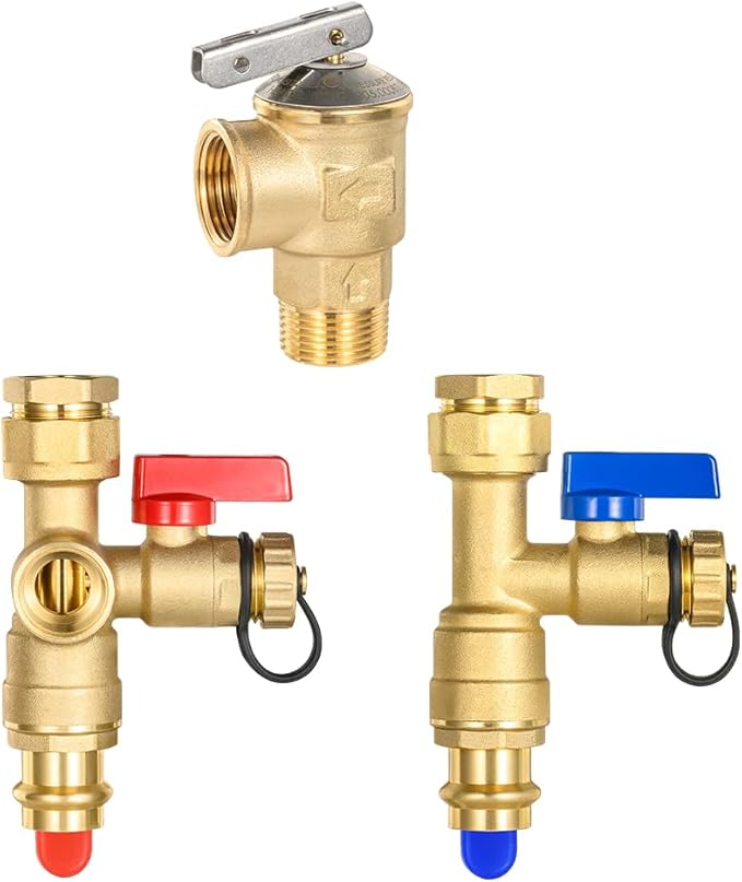 3/4 Inch FIP x 3/4 Inch Press EFIELD IPS Isolator Tankless Water Heater Service Valve Kit, with Pressure Relief Valve,(TOOL055)