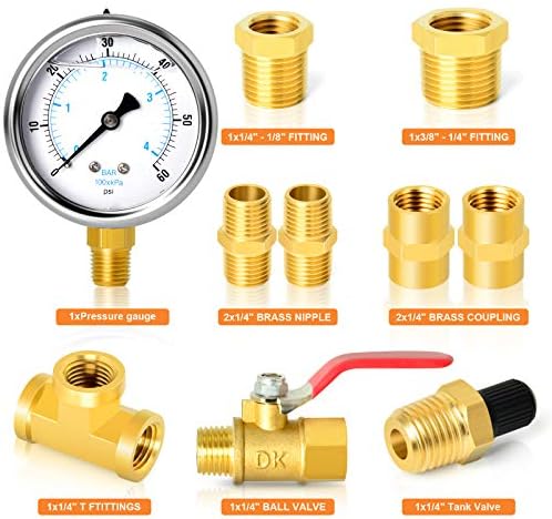 GASHER 10PCS Pipe Fitting Kit, Brass, 1/4" - 1/8" & 3/8" - 1/4" Fittings, T Fitting, Ball Valve, Pressure Gauge 0-60PSI