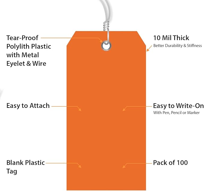 SmartSign Orange Plastic Tags with Pre-Attached Wires - 100-Pack, 4.75" x 2.375", Size#5, 10 mil Thick Tear-Proof Polylith Plastic Tags with Metal Eyelet, Writable Blank Tags for Shipping, Labeling