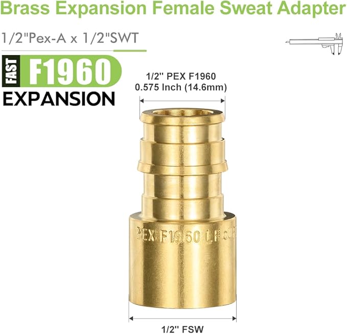 10 Pack Brass Expansion Female Sweat Adapter, 1/2" Pex A Expansion x 1/2" Sweat Brass Expansion Fitting ONLY Full Flow For Pex-A Tubing Connection, NSF/ANSI 61 NSF 372 Certificate