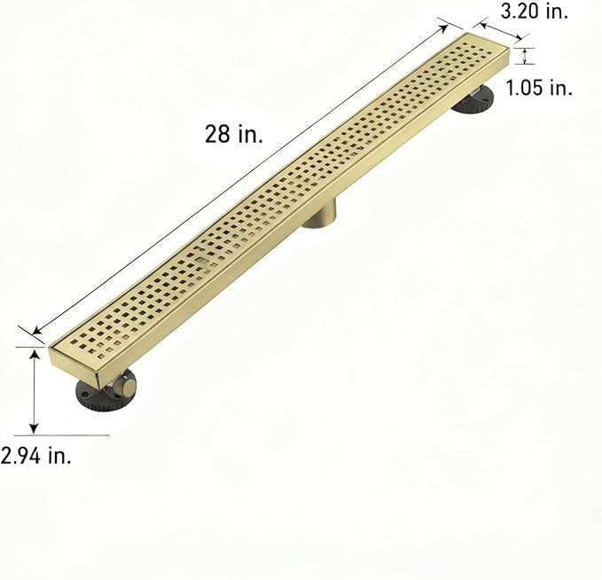 Linear Shower Floor Drain, Brushed Gold 28 Inch 304 Stainless Steel Bathroom Drains Kit, Long Rectangular Shower Trench Drain with Square Pattern Drain Cover & Hair Catcher