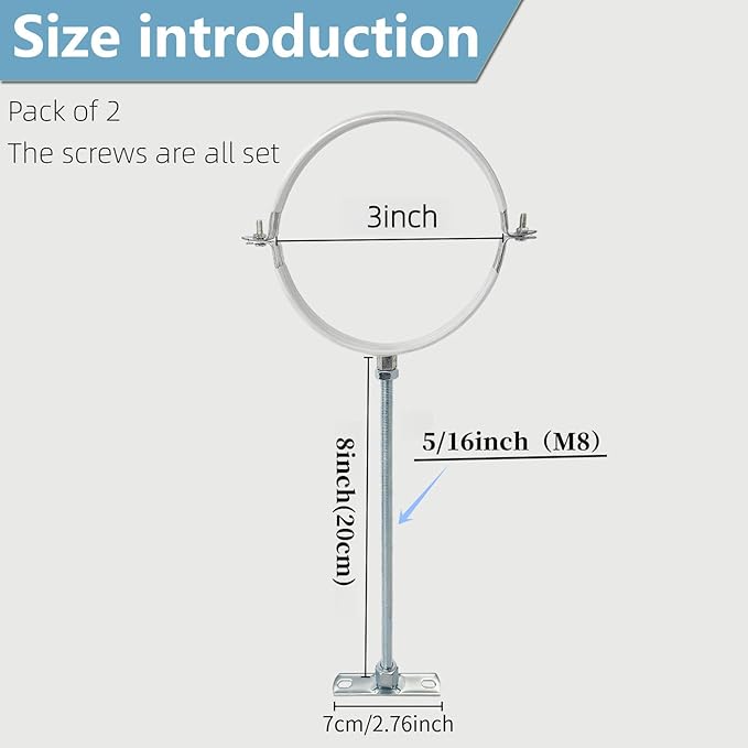 2 Sets Adjustable Pipe Bracket，Heavy Duty Galvanized Iron Stove Pipe Hanger Strap，Wall Support Chimney Pipe Holder，Round Split Ring Vent Conduit Carrier Kit，with All Mounting Screws (3-Inches)