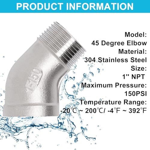 1PCS 45 Degree Elbow Fittings, 1" NPT Male Pipe to 1" NPT Female 304 Stainless Steel Pipe Fitting, Connector Coupler Apply to Outdoor/Garden/Industrial