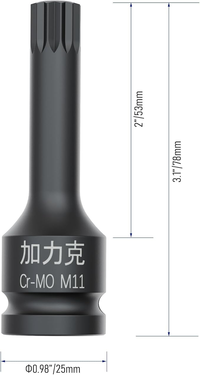 1/2-Inch Drive x M11(11mm） Impact XZN Triple Square Spline Bit Socket, Metric Lengthen Screwdriver Socket Adapter, 3-Inch Length, CR-MO Steel, One-Piece Construction, Black
