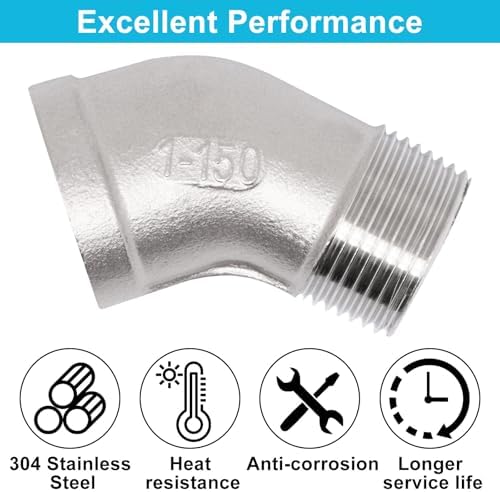 1PCS 45 Degree Elbow Fittings, 1" NPT Male Pipe to 1" NPT Female 304 Stainless Steel Pipe Fitting, Connector Coupler Apply to Outdoor/Garden/Industrial